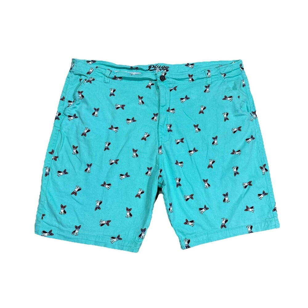 Plugg Shorts Mens Size 48 Flat Front Stretch Waist French Bulldog Dog Teal Chino